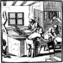 Старинная гравюра показывающая производство бумаги.